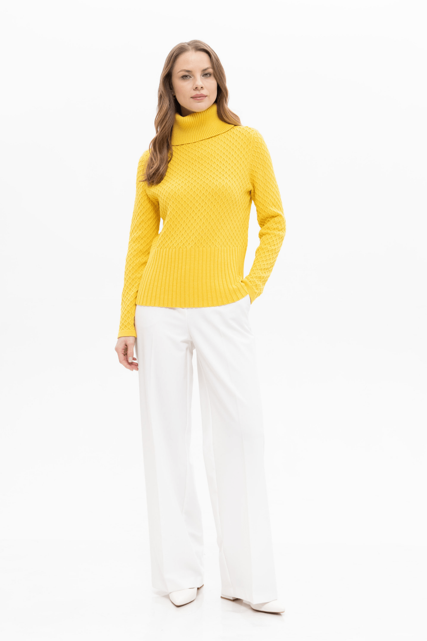  Passioni 18129 Yellow Roll Neck Jumper. Featuring a textured diamond knit design, cosy roll neck, and wide ribbed hem for a flattering shape. 