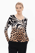  Passioni 18143 Mixed Animal Print Jumper. This striking knit combines a bold zebra swirl design with classic leopard print, blending monochrome with warm tan tones for maximum impact