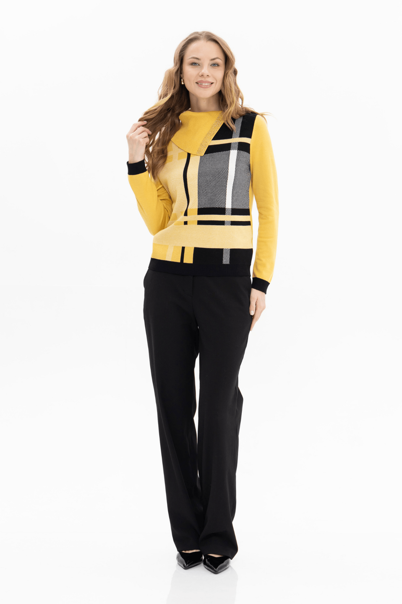 Passioni 18150 jumper in a striking yellow, black, and white check design. Available at Dotique
