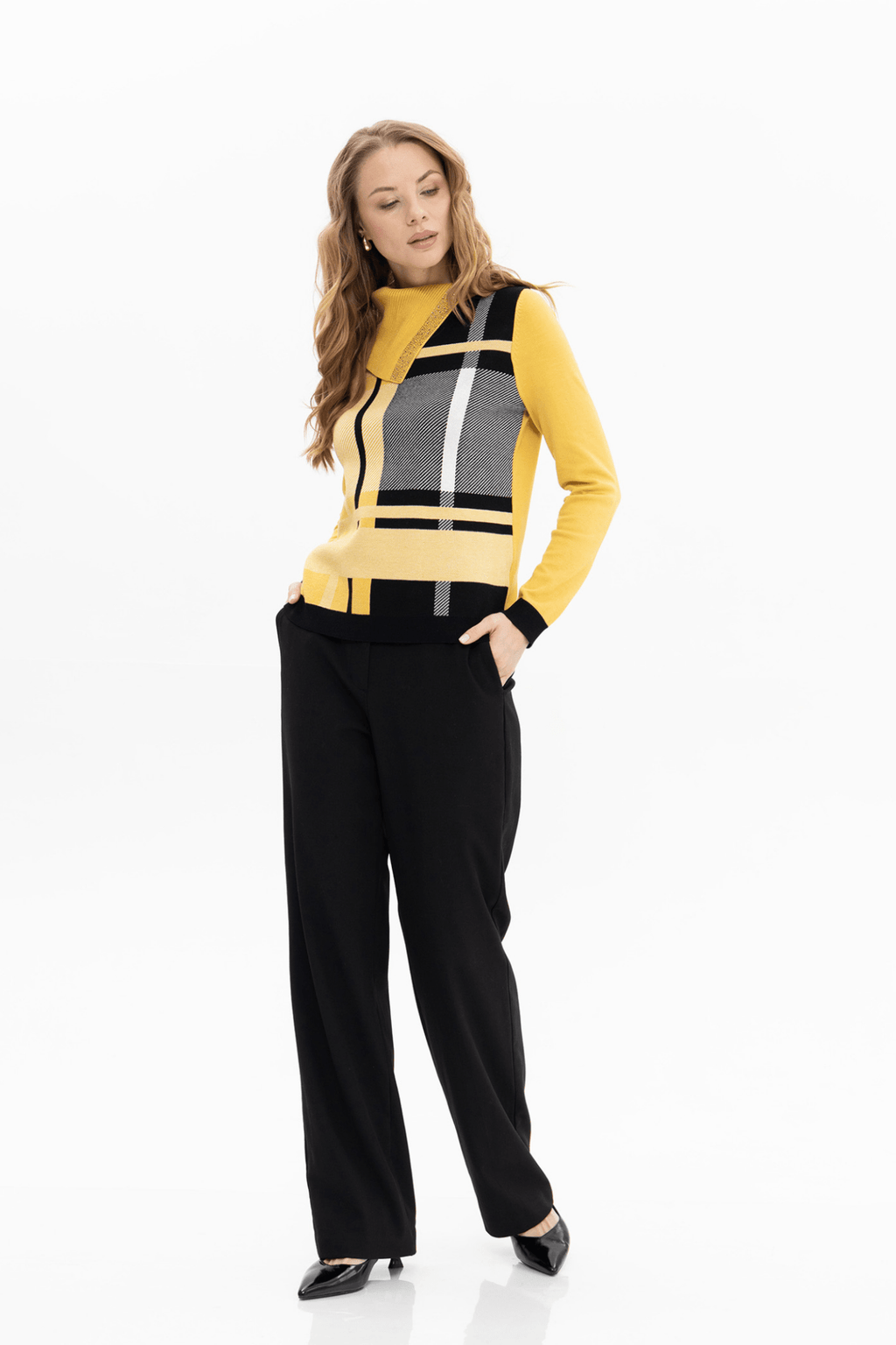 Passioni 18150 jumper in a striking yellow, black, and white check design. Available at Dotique