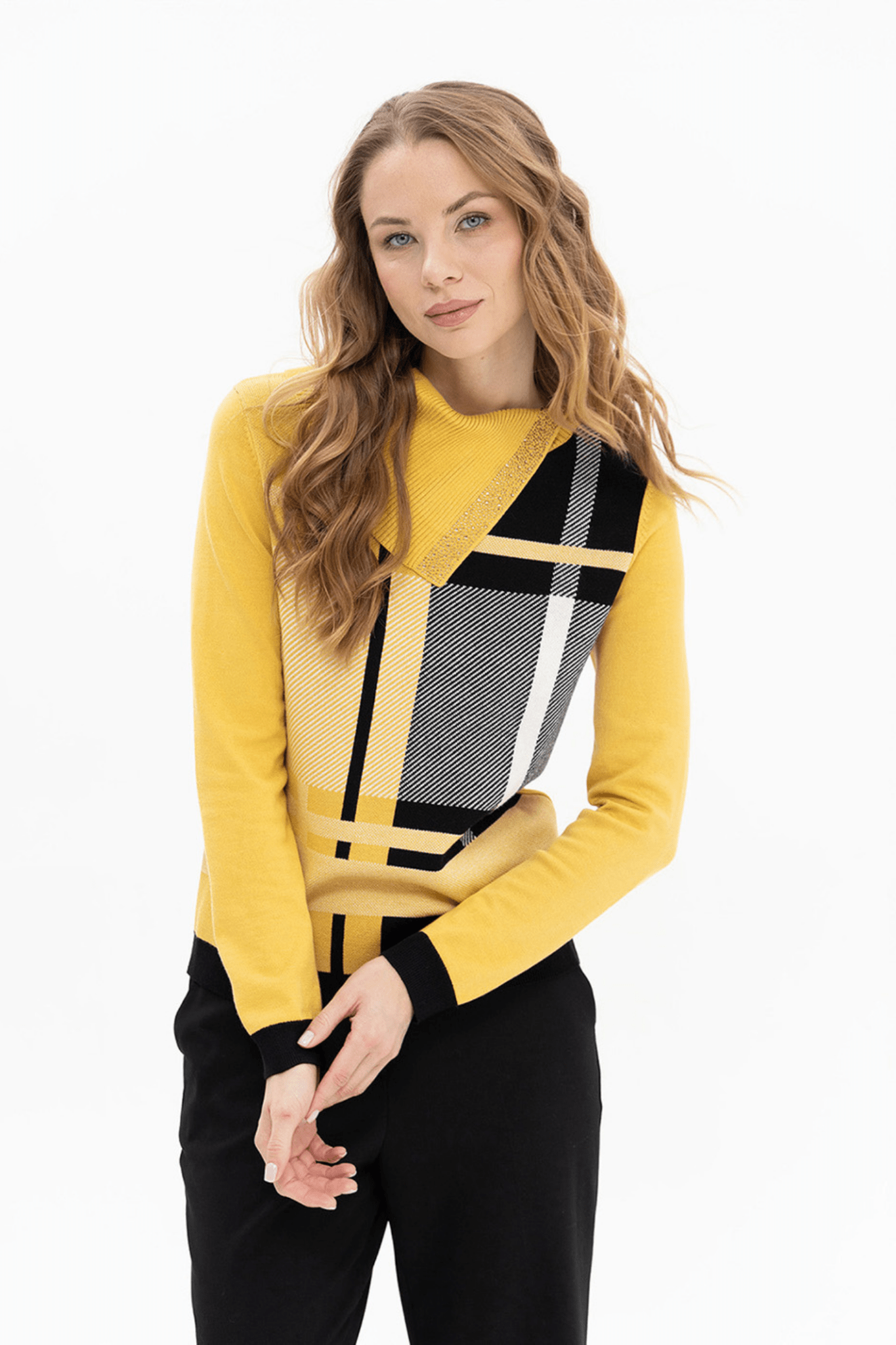 Passioni 18150 jumper in a striking yellow, black, and white check design. Available at Dotique