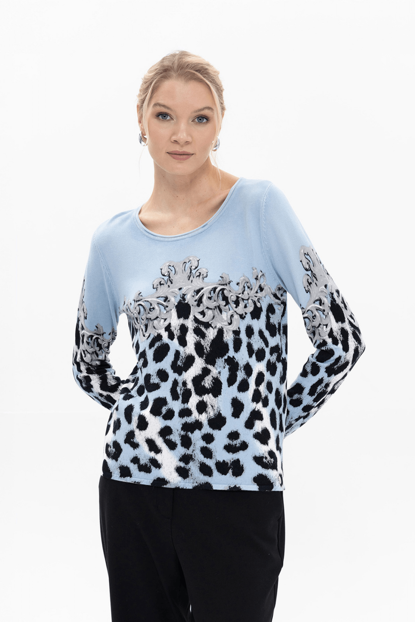Passioni 18154 Blue Leopard Print Roundneck Jumper. Available at Dotique