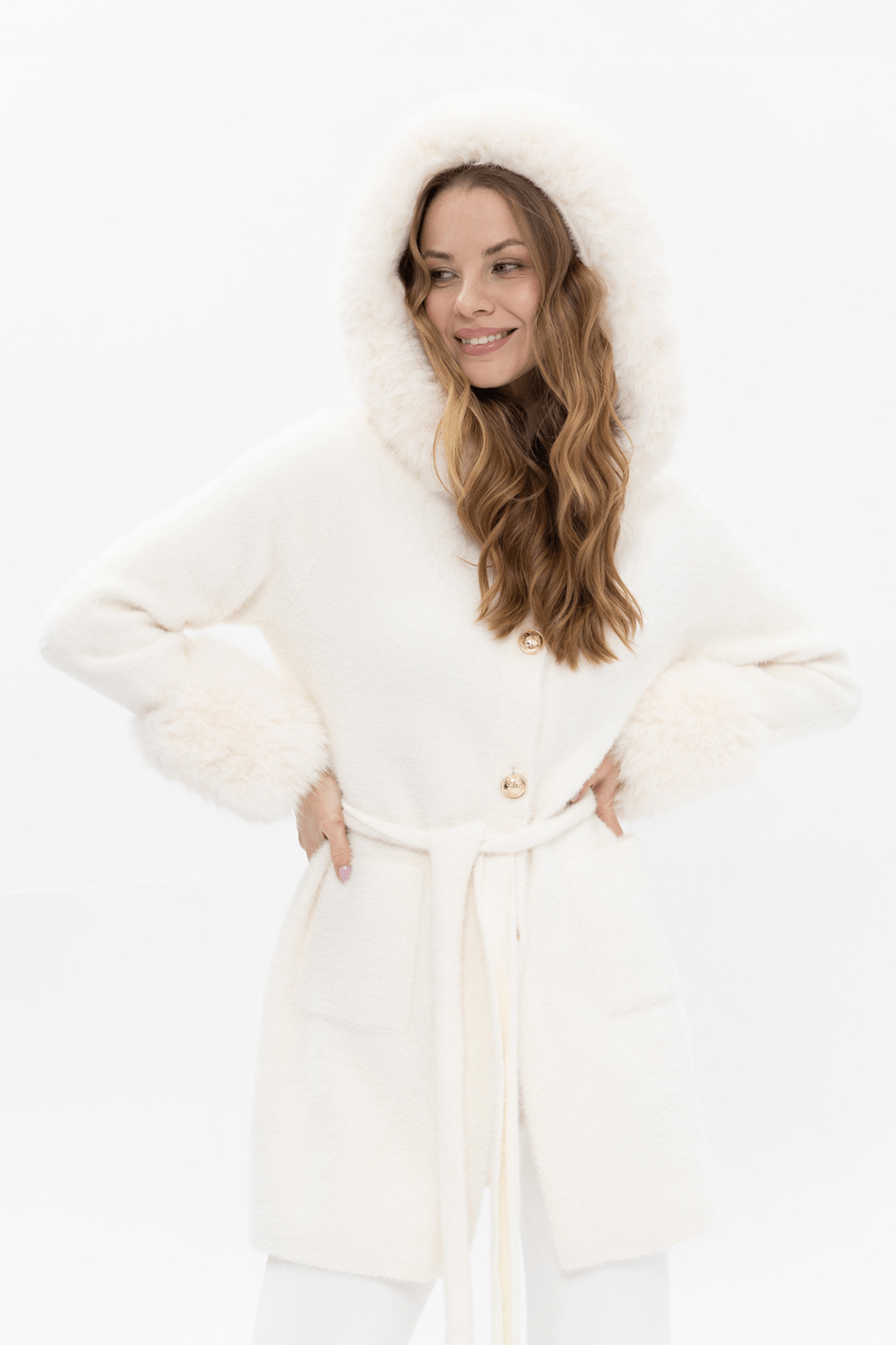 Passioni 18229 Ecru Coat with Faux Fur Trim