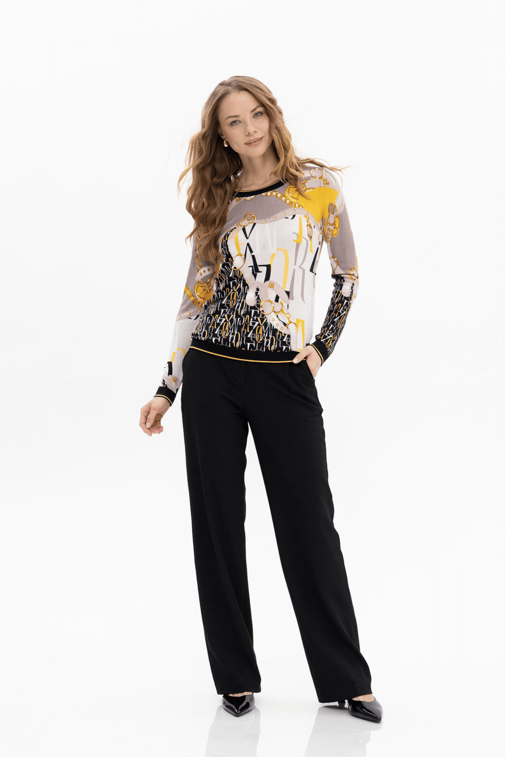 Passioni 18274 jumper. Featuring a striking yellow mixed chain and logo print, this round neck knit is crafted from a soft and breathable blend of 80% viscose and 20% polyamide,