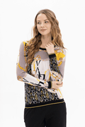 Passioni 18274 jumper. Featuring a striking yellow mixed chain and logo print, this round neck knit is crafted from a soft and breathable blend of 80% viscose and 20% polyamide,