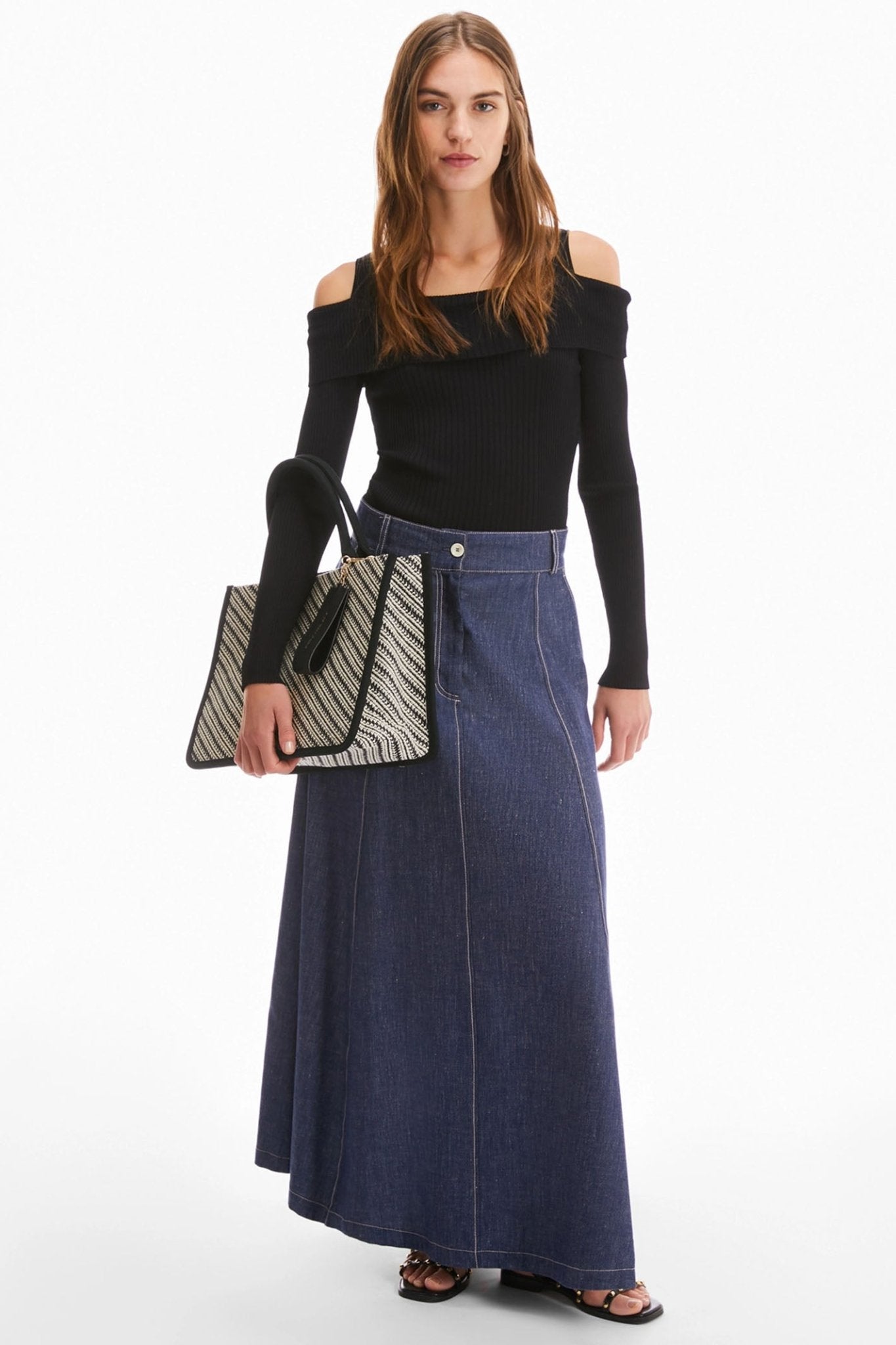 Pennyblack 2411101023200 Grafite Blue Jeans Linen Cotton Maxi Skirt - Dotique