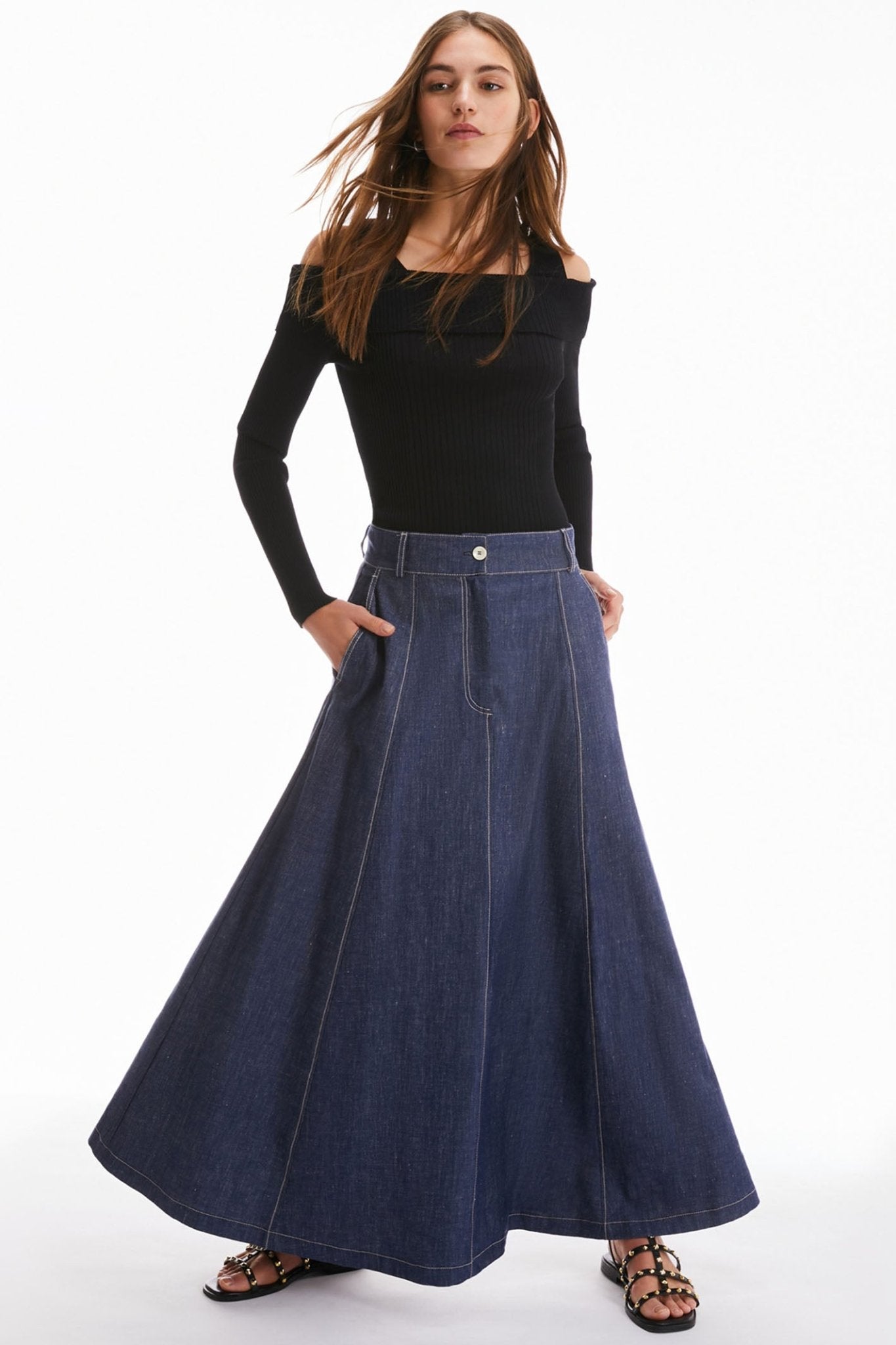 Pennyblack 2411101023200 Grafite Blue Jeans Linen Cotton Maxi Skirt - Dotique