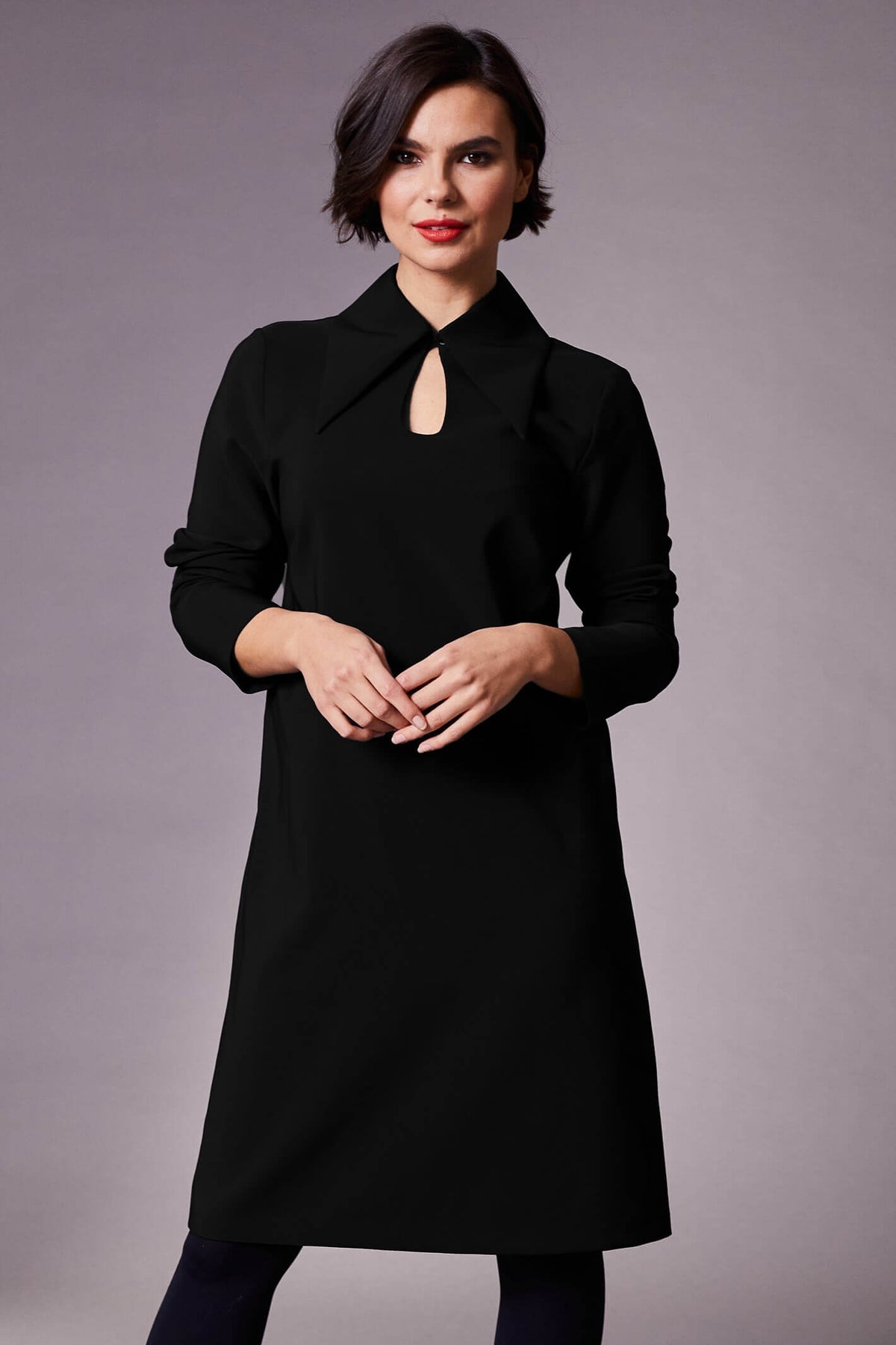 Peruzzi W23131 Black Collared Knee Length Dress by Peruzzi Shop Peruzzi at Dotique