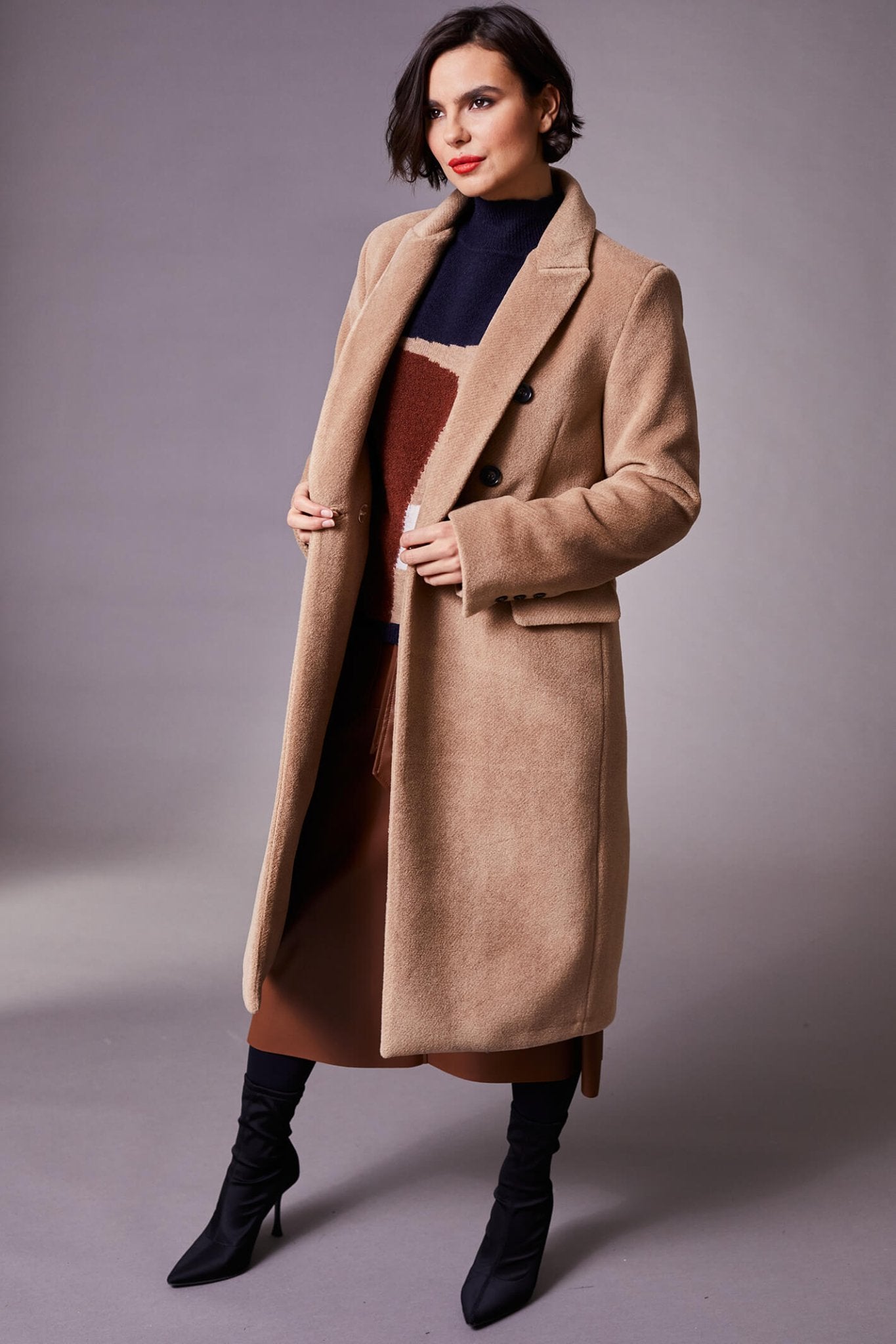 Peruzzi W23132 Camel Brown Double Breasted Coat - Dotique