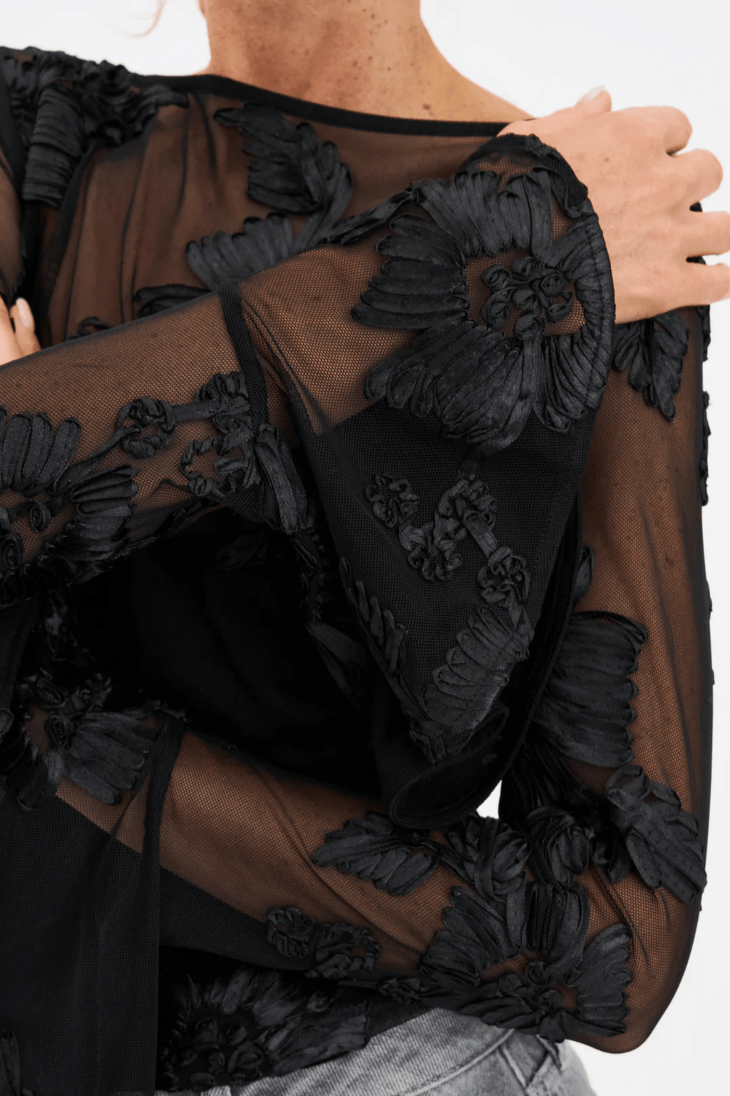 Pieszak J235163 PD - Melia Flounce Sleeve Mesh Blouse Black - Dotique - Pieszak