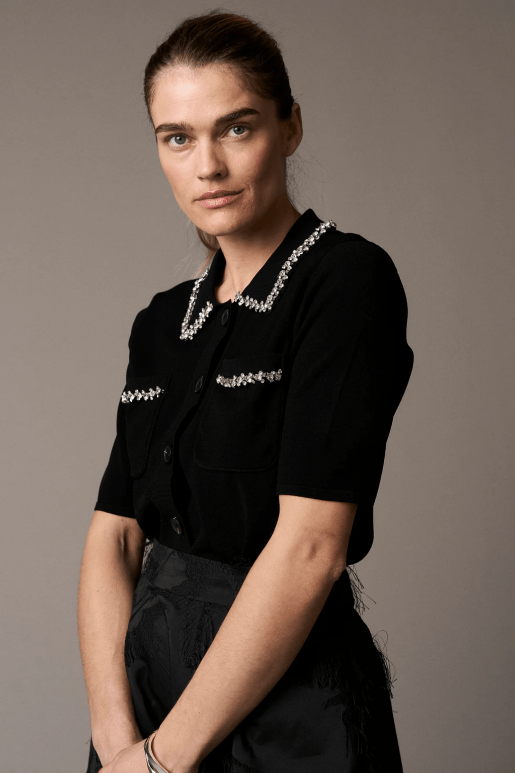 Pieszak J235172 PD - Vigga Rhinestone Polo Knit Black - Dotique - Pieszak