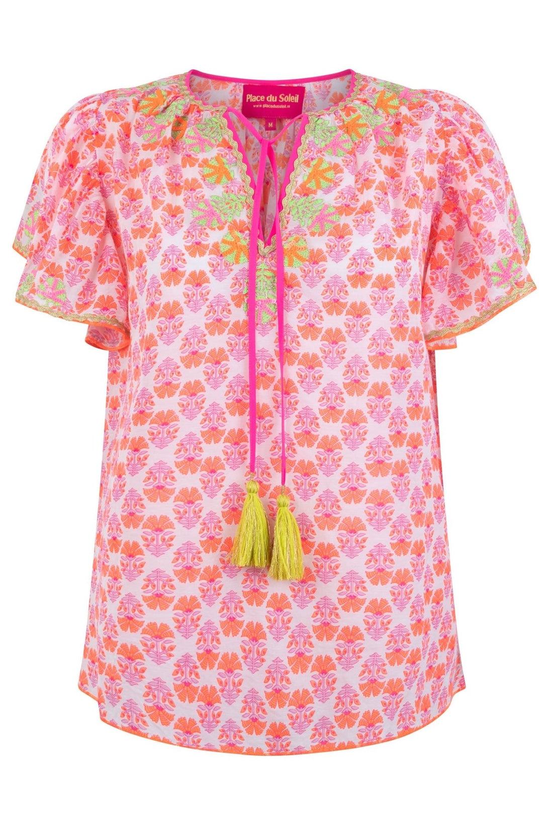 Place du Soleil 121 Pink Orange Print Short Sleeve Tie Neck Blouse - Dotique