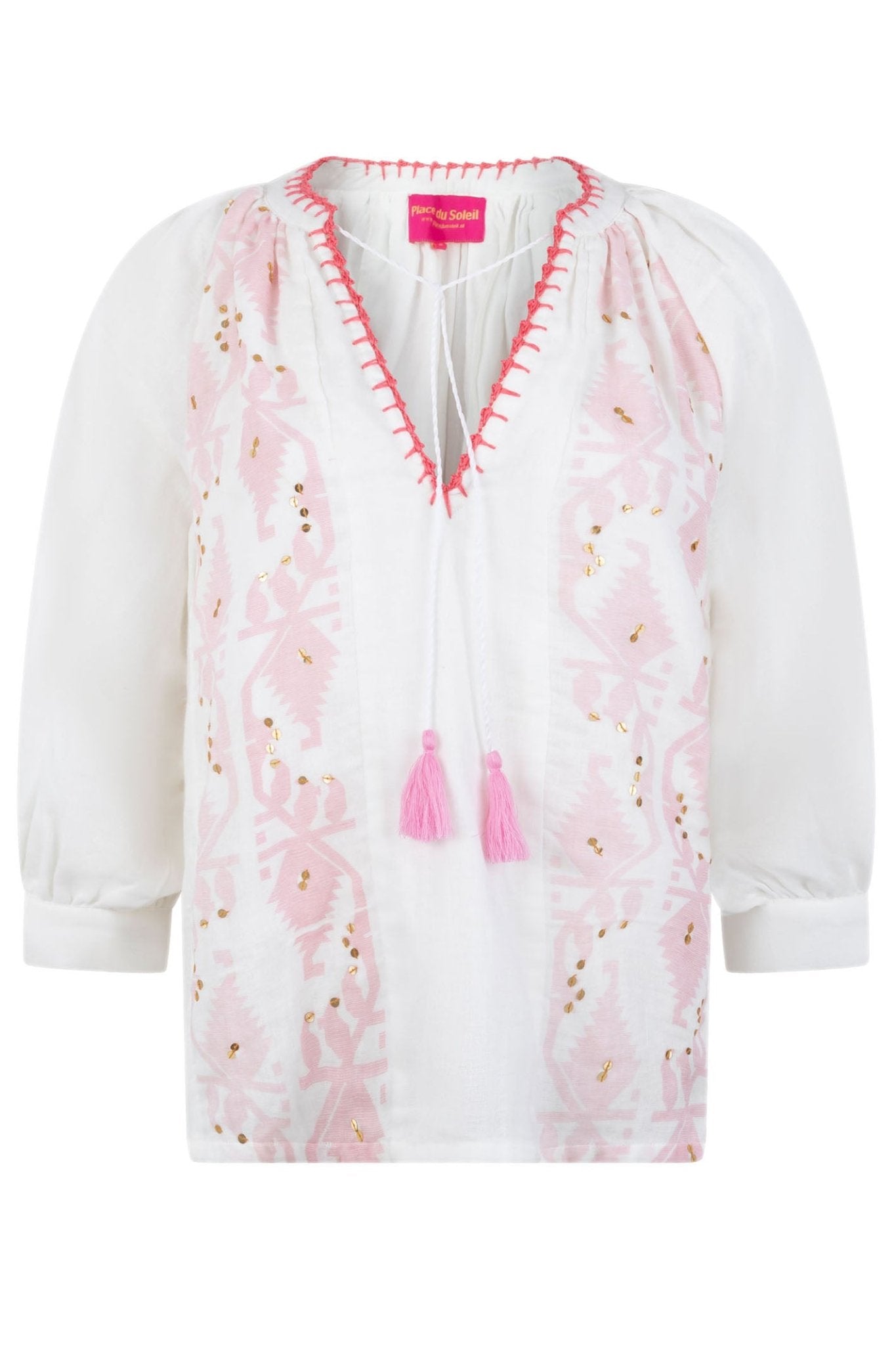 Place du Soleil 307 White Pink Ikat Cotton Blouse - Dotique