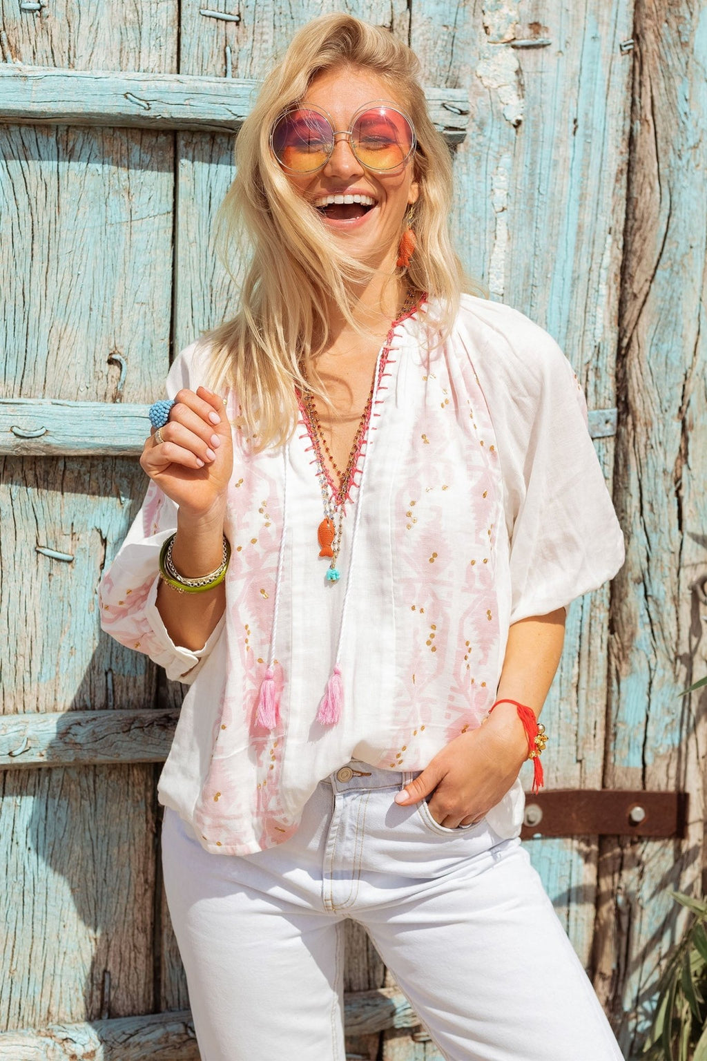Place du Soleil 307 White Pink Ikat Cotton Blouse - Dotique