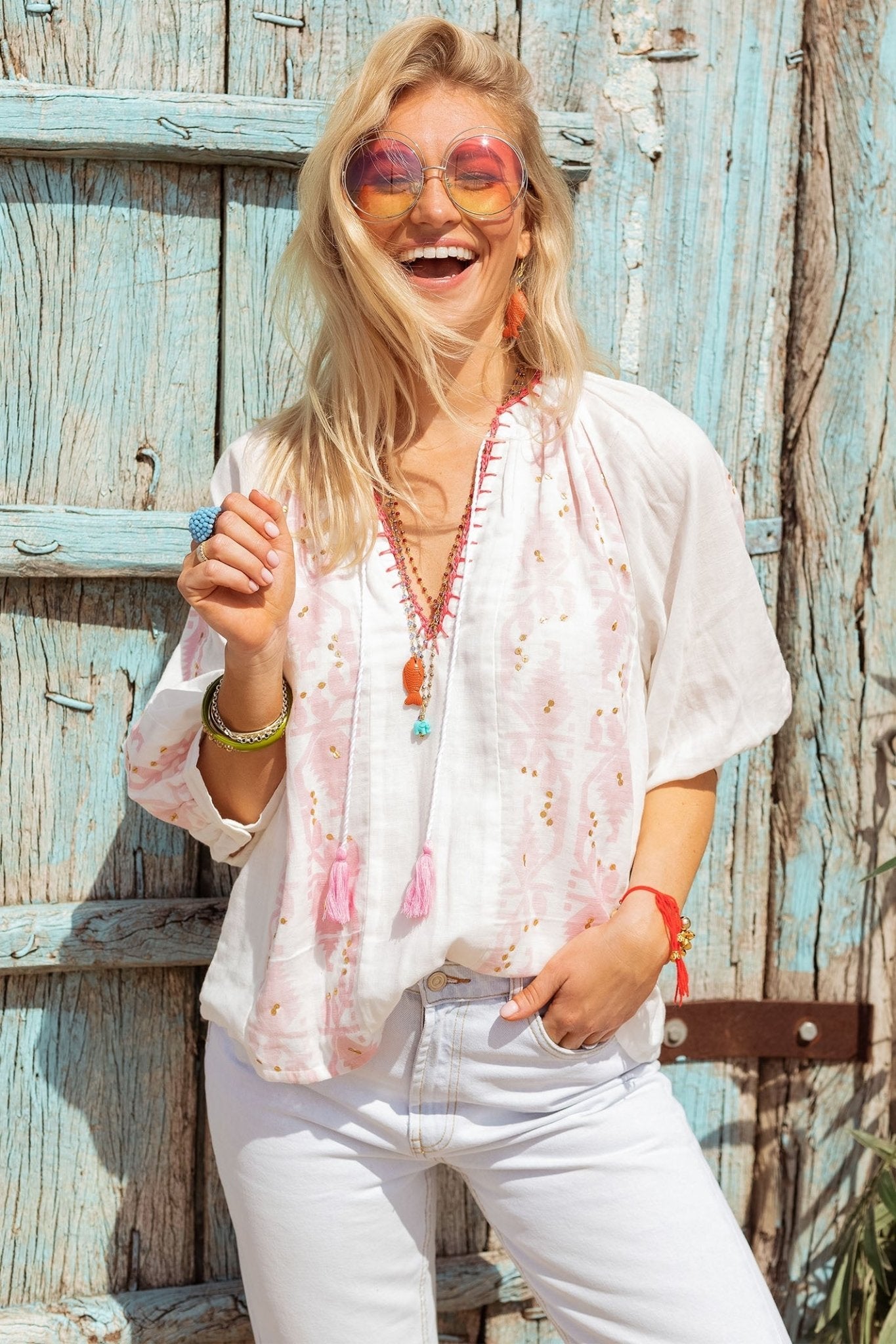 Place du Soleil 307 White Pink Ikat Cotton Blouse - Dotique
