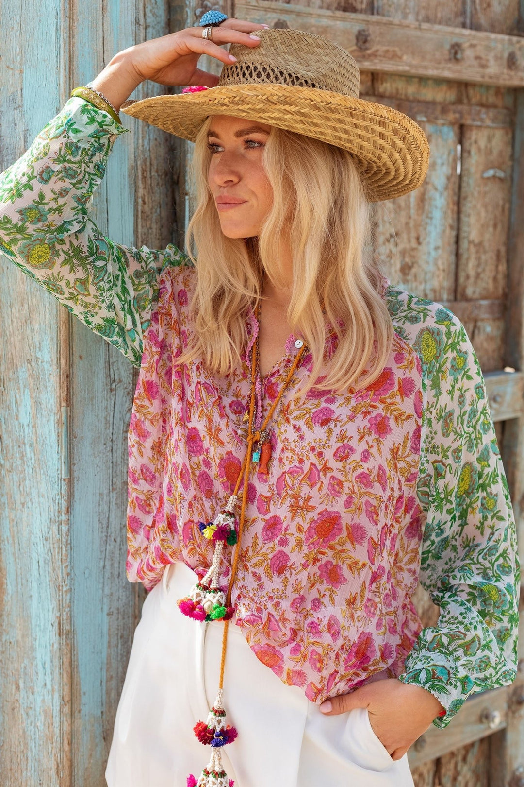 Place du Soleil 412 Pink Green Long Sleeve Chiffon Print Blouse - Dotique
