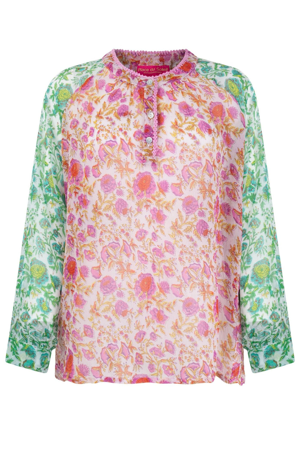 Place du Soleil 412 Pink Green Long Sleeve Chiffon Print Blouse - Dotique