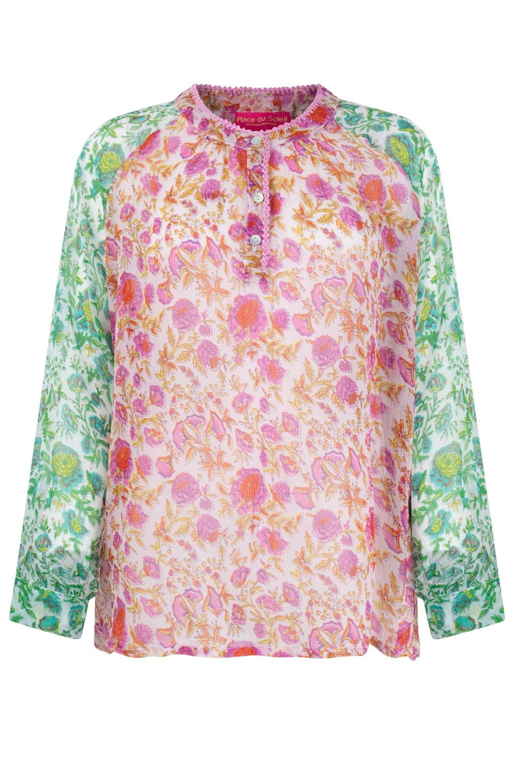 Place du Soleil 412 Pink Green Long Sleeve Chiffon Print Blouse - Dotique