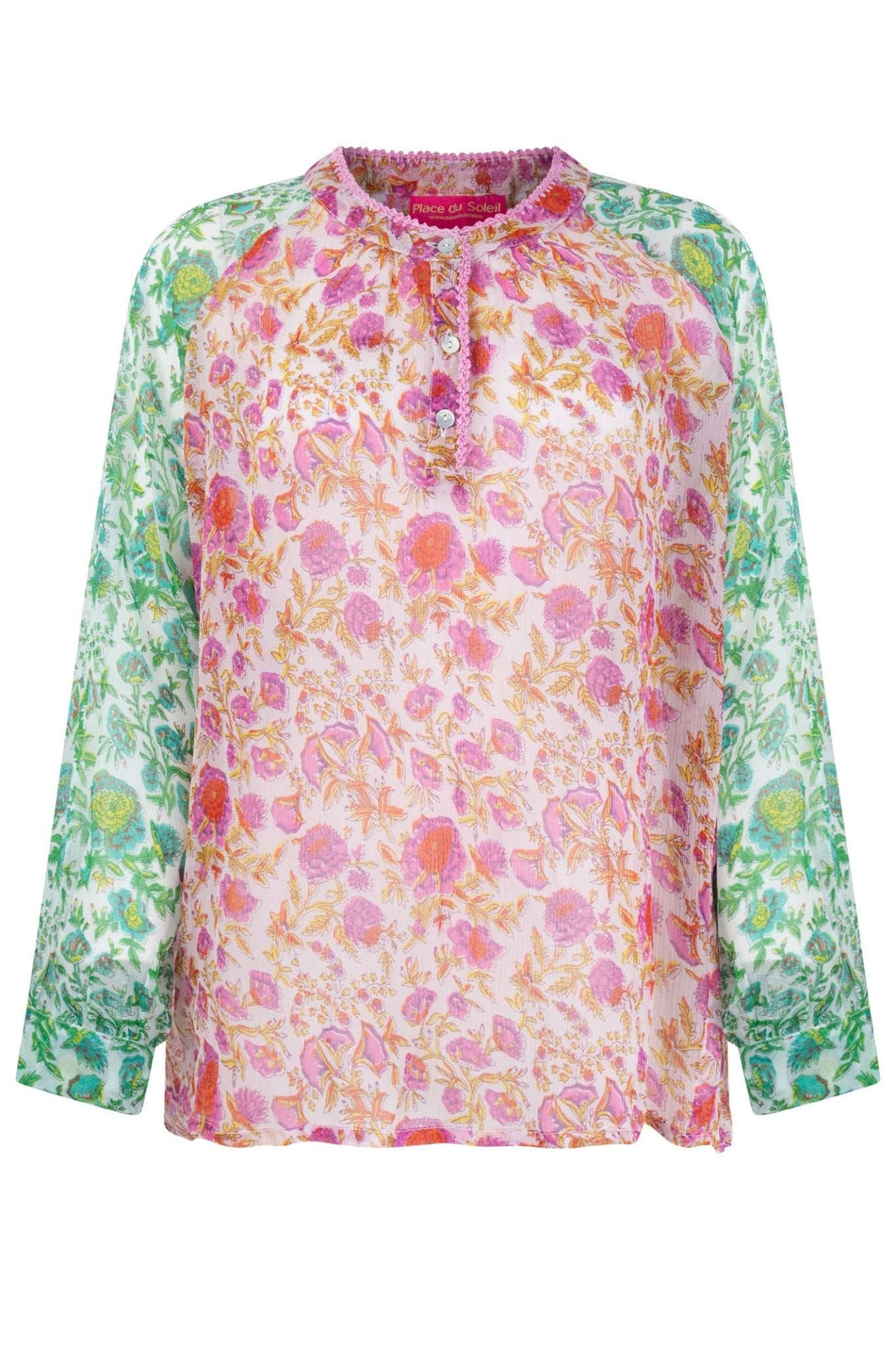 Place du Soleil 412 Pink Green Long Sleeve Chiffon Print Blouse - Dotique