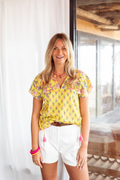 Model wearing Place Du Soleil Yellow Double Print Blouse S26-442 by Place du Soleil, shop Place du Soleil at Dotique