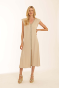 Model wearing Pomodoro 22603 Cupro Dress Stone by pomodoro, shop pomodoro styles at Dotique in elegant neutral tone design