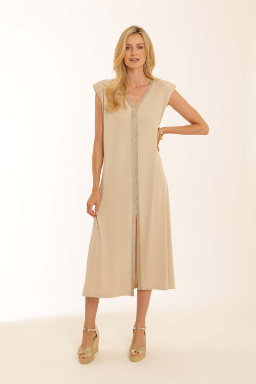 Model wearing Pomodoro 22603 Cupro Dress Stone by pomodoro, shop pomodoro styles at Dotique in elegant neutral tone design