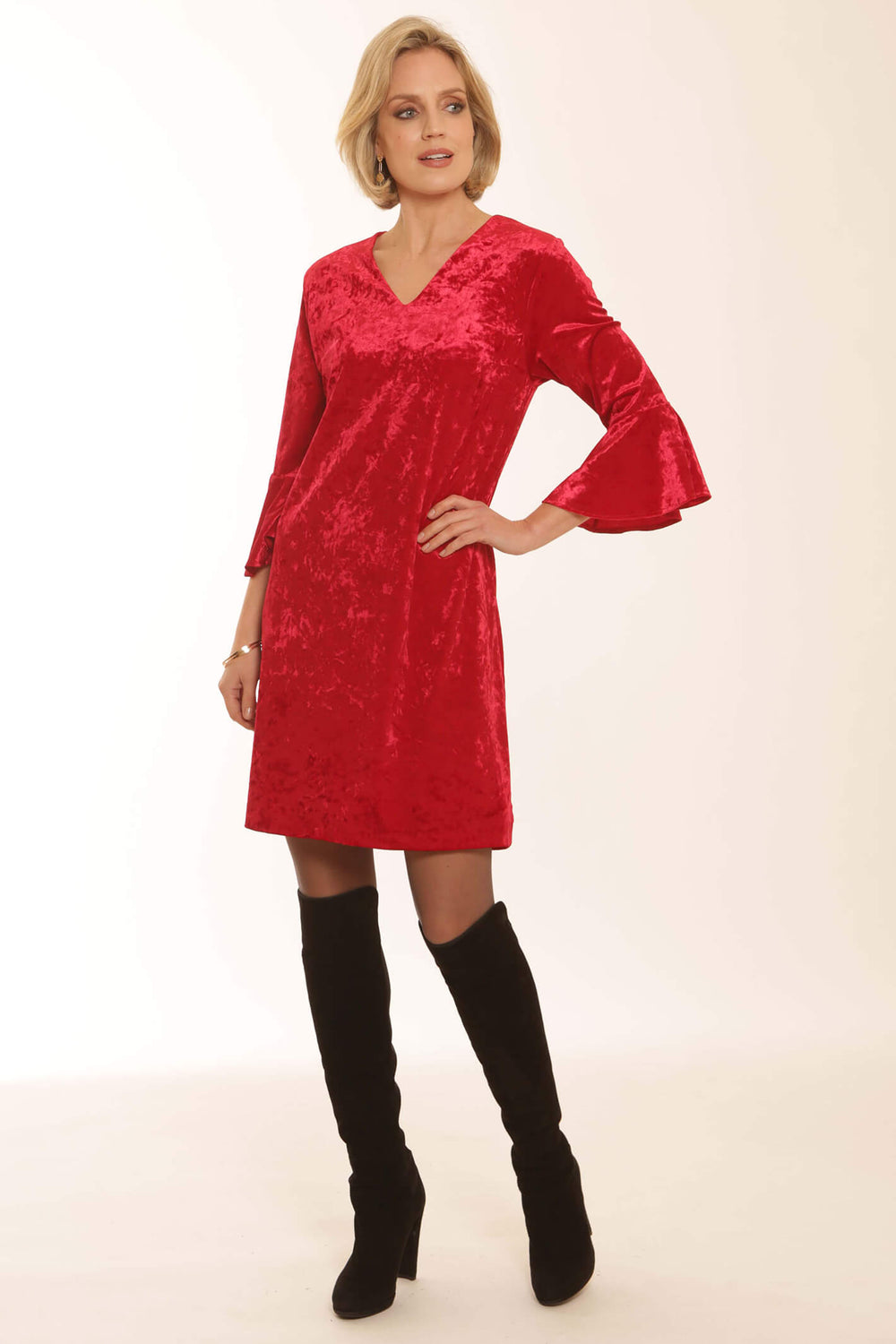 Pomodoro 52374 Red Velvet Bell Sleeve Dress - Dotique