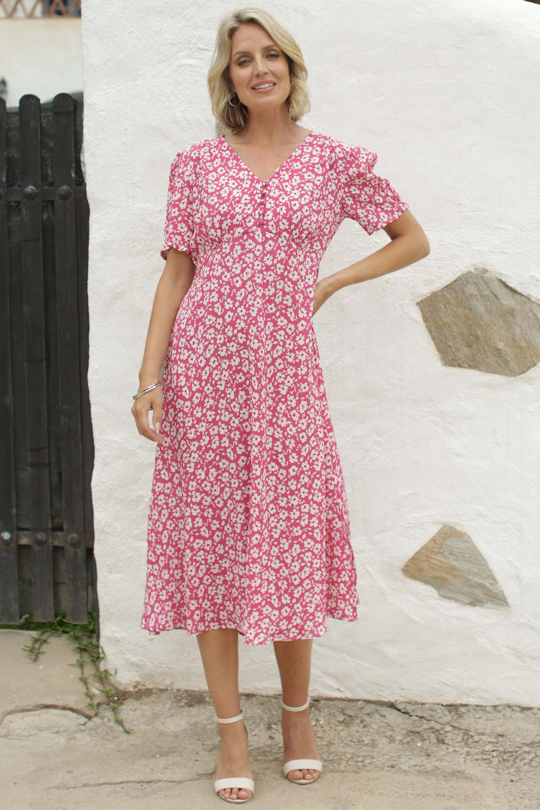 Pomodoro 52417 Pink Daisy Print Tea Dress - Dotique