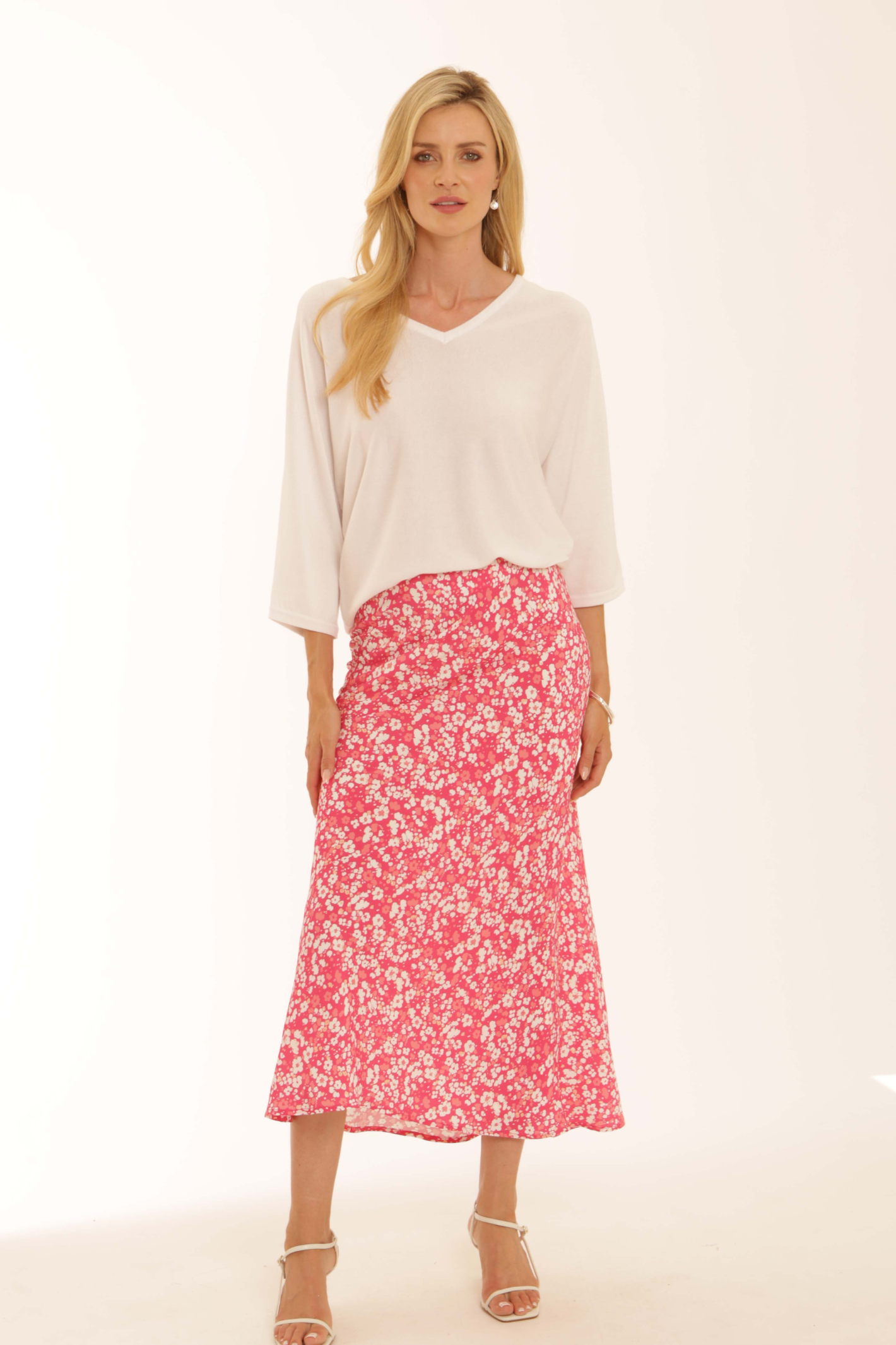 Model wearing Pomodoro 52601 Ditsy Skirt Pink by pomodoro, shop pomodoro styles at Dotique in floral pink design