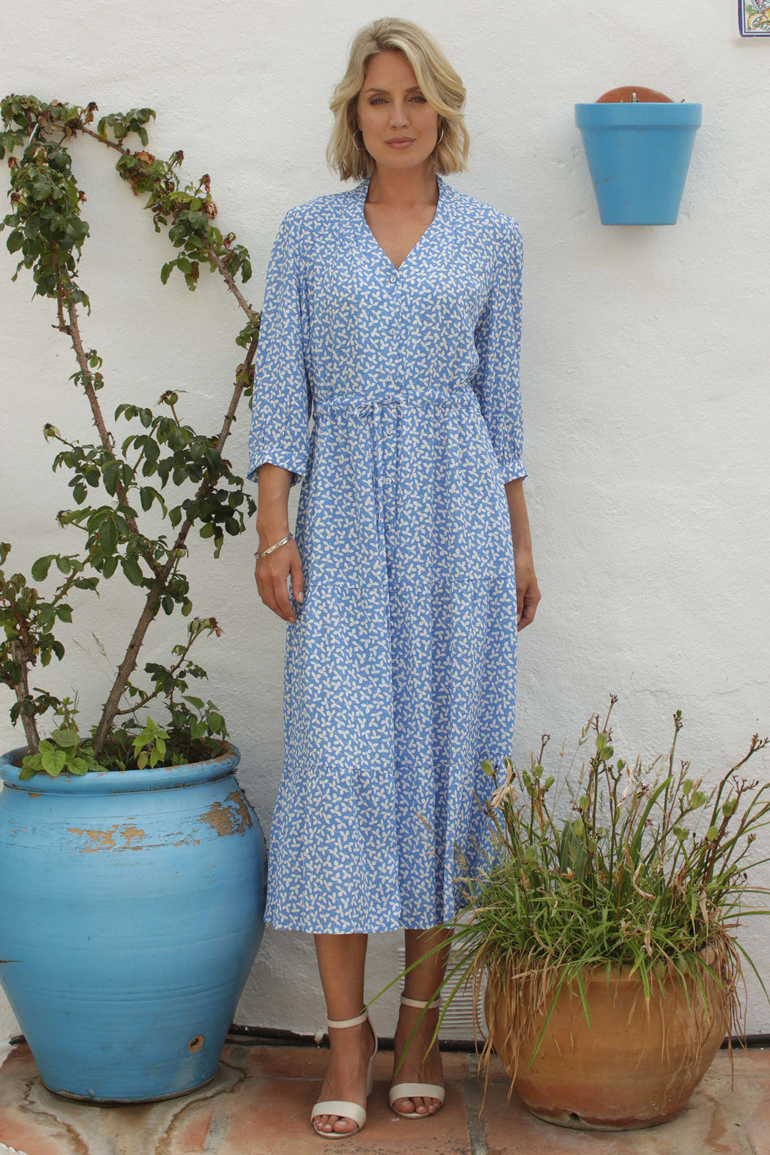 Pomodoro 62414 Cornflower Blue Clover Print Midi Dress - Dotique