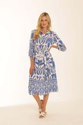 Model wearing Pomodoro 62604 Goa Border Short Dress Mid Blue by pomodoro, shop pomodoro at Dotique in elegant blue print design