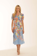 Model wearing Pomodoro 62618 Tropical Flower Tea Dress Mid Blue by pomodoro, shop pomodoro at Dotique in floral summer style