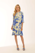 Model wearing Pomodoro 62624 Trailing Flower Ruffle Hem Dress Blue by pomodoro, shop pomodoro at Dotique in floral print design