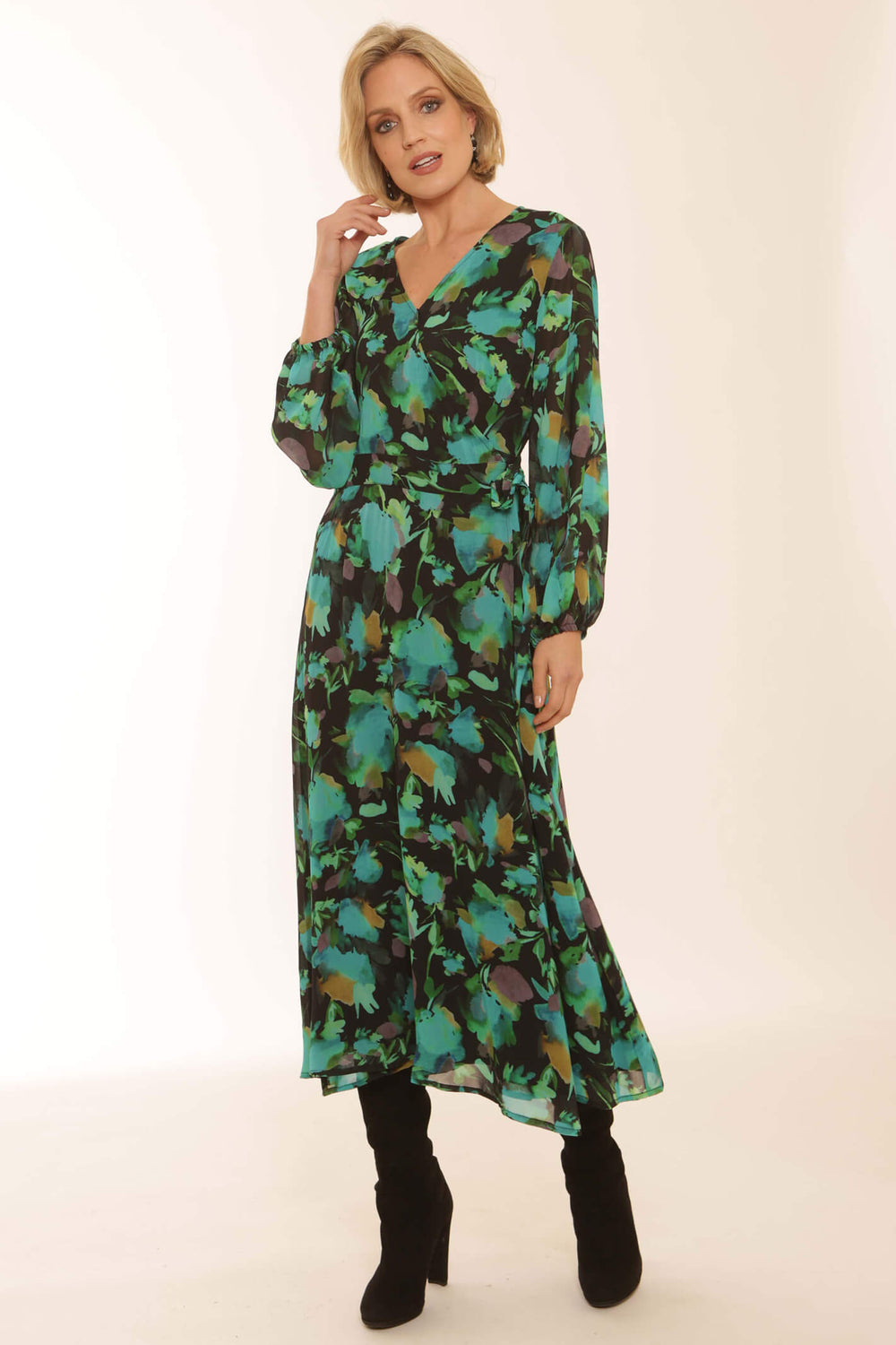 Pomodoro 82356 Emerald Green Floral Wrap Midi Dress - Dotique