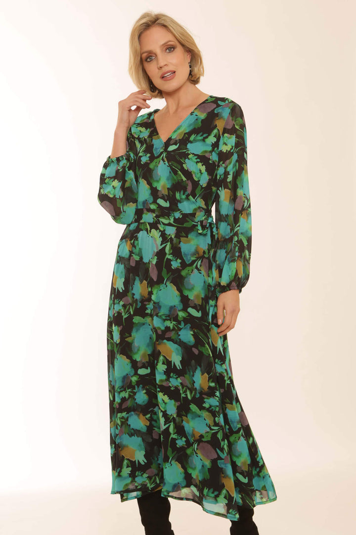 Pomodoro 82356 Emerald Green Floral Wrap Midi Dress - Dotique