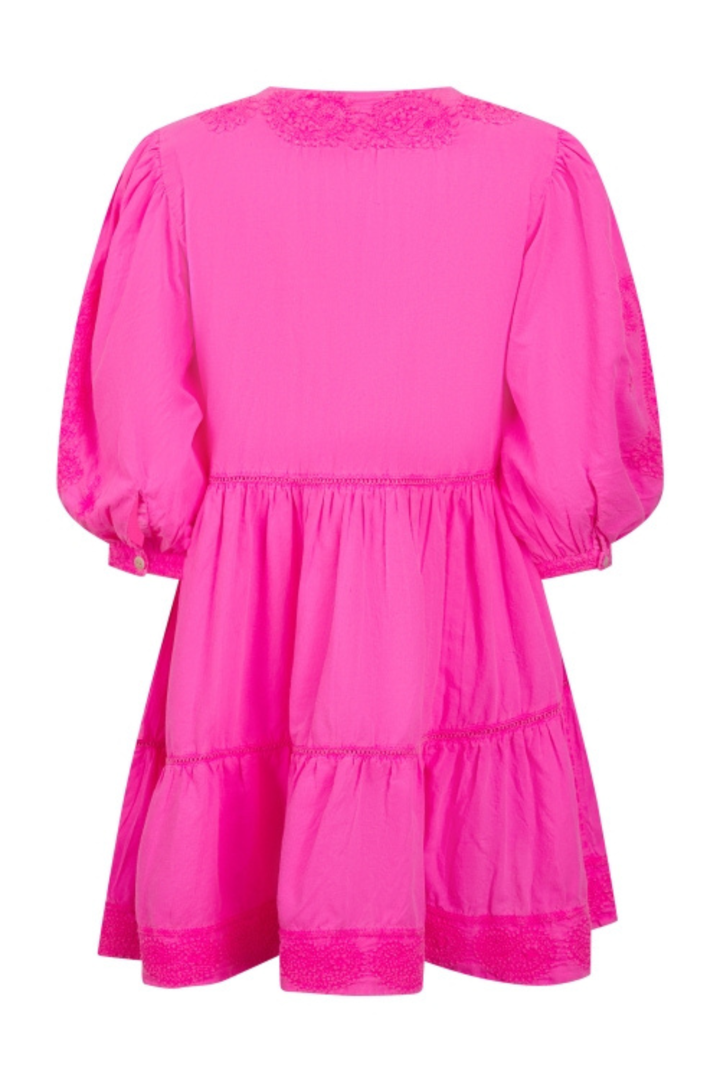Bright neon fuchsia mini dress with embroidered balloon sleeves and a flattering V-neck. Easy, throw-on style with beautiful movement. Shop at Dotique.