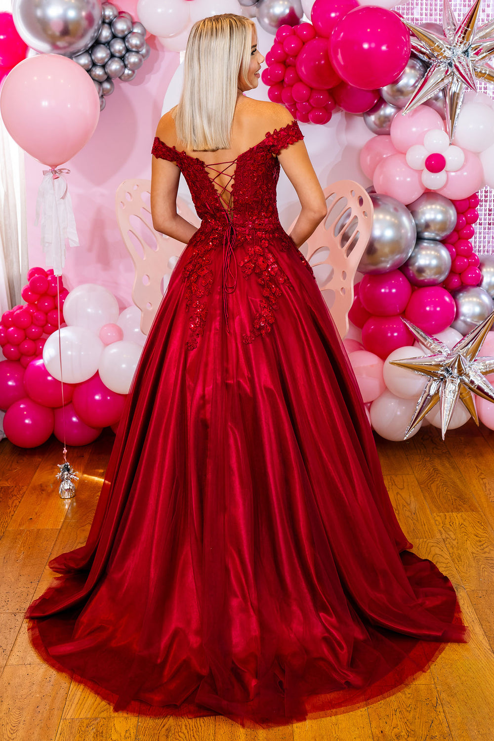 Prom Frocks PF1002 Burgundy Red Off The Shoulder Prom Ballgown - Dotique Chesterfield