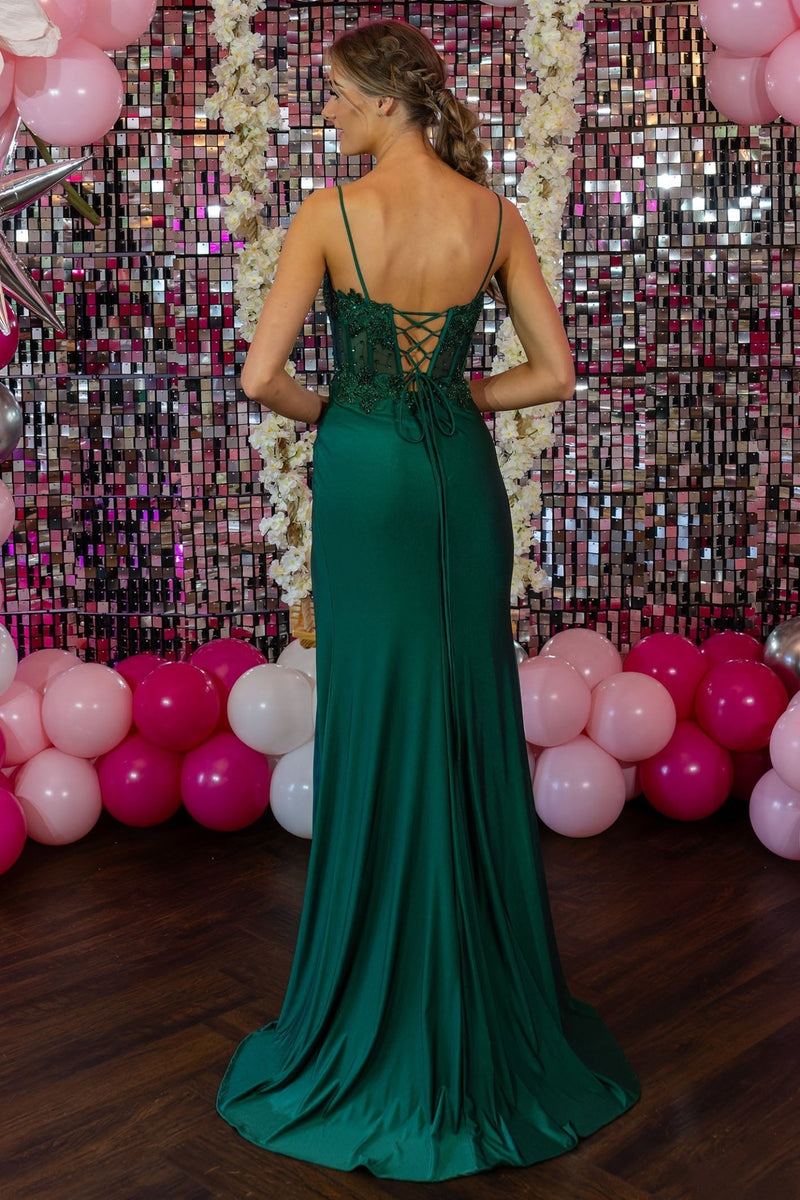strapless open back dress Emerald Green Lace Mermaid Wedding Dress with Detachable Overskirt –  Viniodress