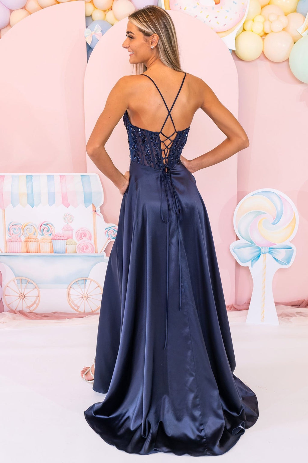 navy blue evening dress uk Velvi - Rylie Gown - Navy - Stretch Fitted Dress With Lace Bodice