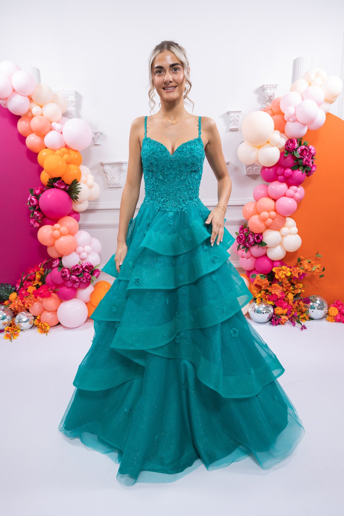 Prom Frocks PF1201 Jade tulle waterfall ballgown with floral corset detail. Shop Prom Frocks at Dotique.