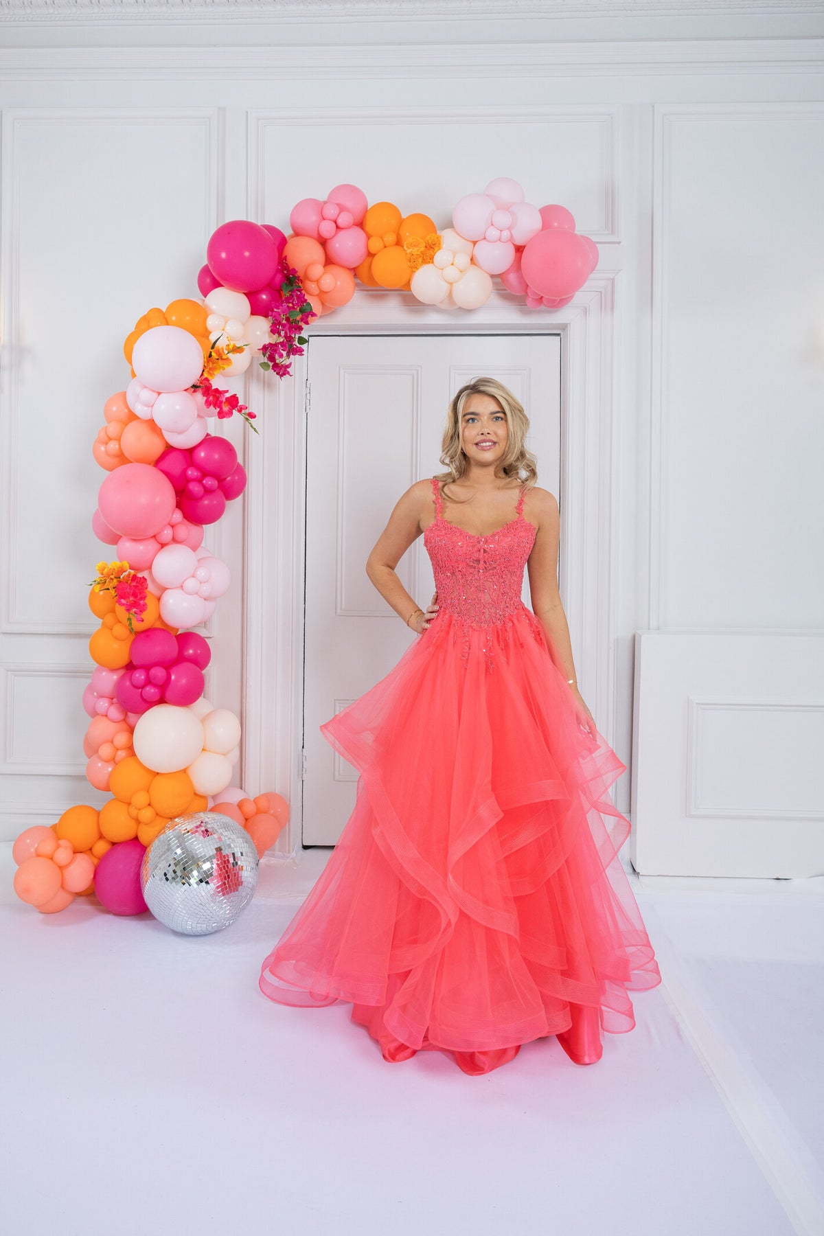 Prom Frocks PF1331 Coral beaded tulle waterfall ballgown. Shop Prom Frocks at Dotique.