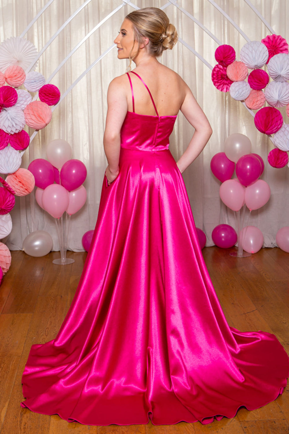 Prom Frocks PF9927 Hot Pink Satin Prom Dress With Train - Dotique Chesterfield