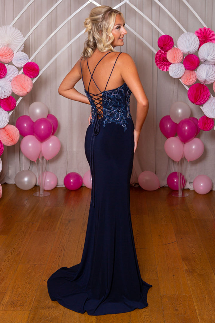 Prom Frocks PF9965 Navy Jersey Prom Dress With Train - Dotique Chesterfield