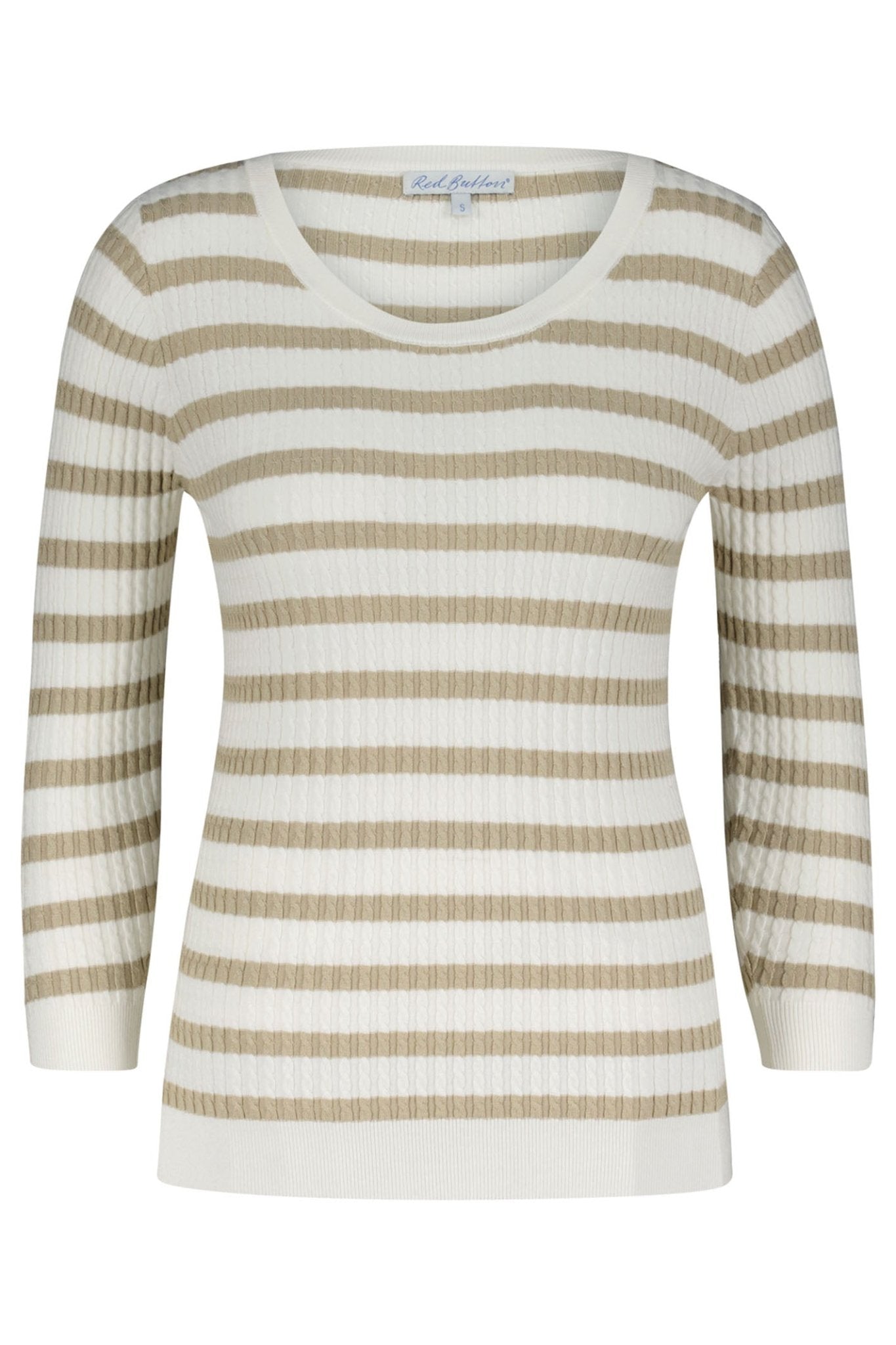 Red Button SRB4195 Stone Beige Stripe Long Sleeve Cable Knit Top - Dotique