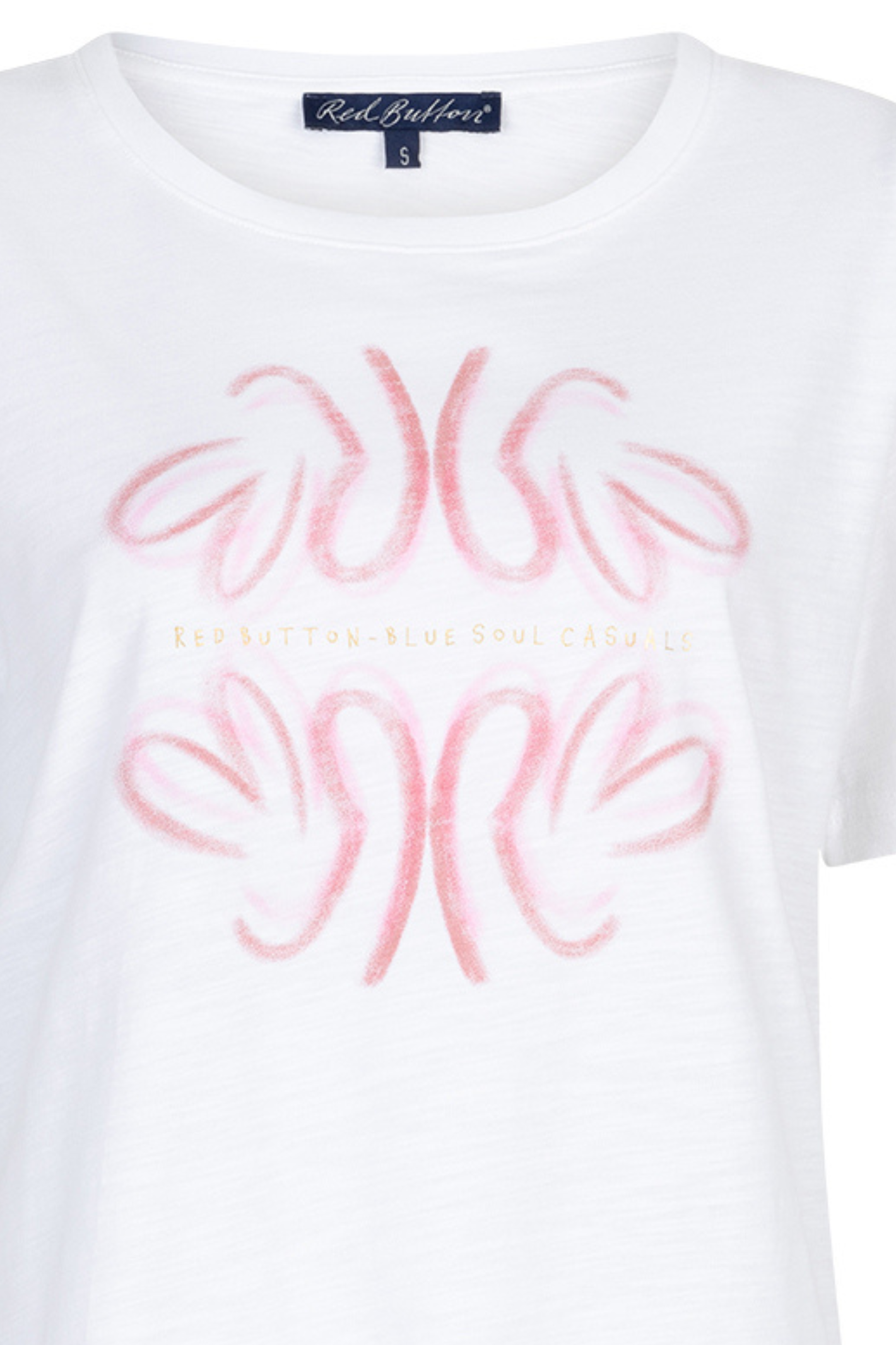 Close-up of Red Button SRB4818 Tee Temmy Butterfly White/Rosewood with abstract pink design by Red Button, shop at Dotique