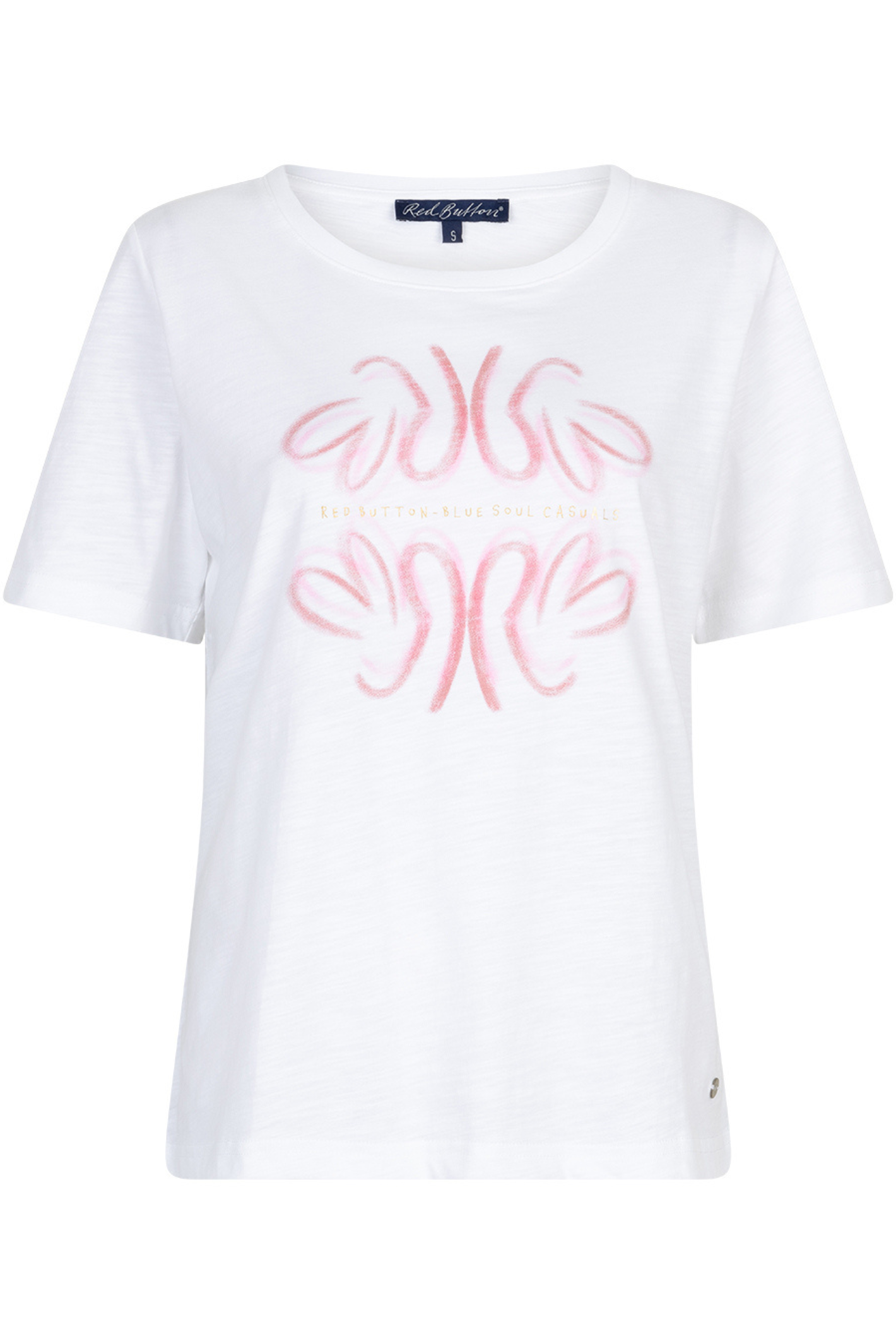 Front view of Red Button SRB4818 Tee Temmy Butterfly White/Rosewood with pink butterfly print by Red Button, shop at Dotique