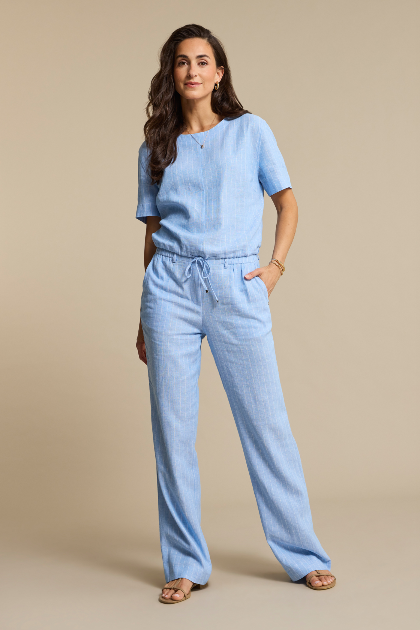 Red Button SRB4863 Skyler Linen/Visc Pinstripe Light Blue Top worn by model, shop Red Button at Dotique.