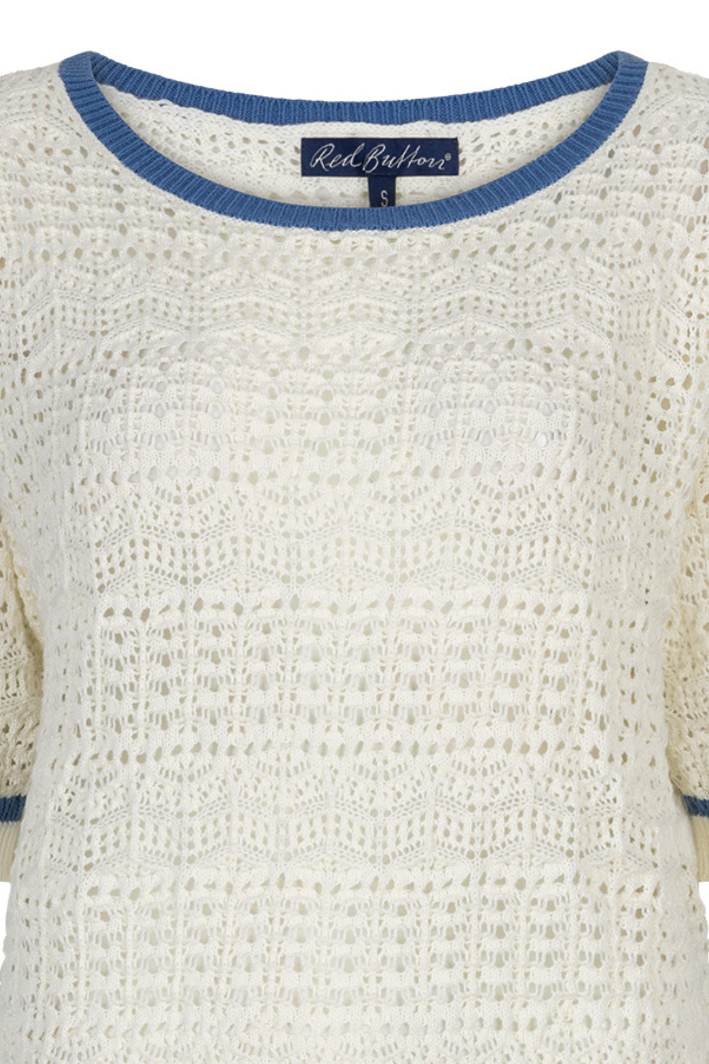 Close-up of open-knit pattern on Red Button SRB4895 Sweet Ajour Offwhite/Blue, shop Red Button at Dotique for summer style