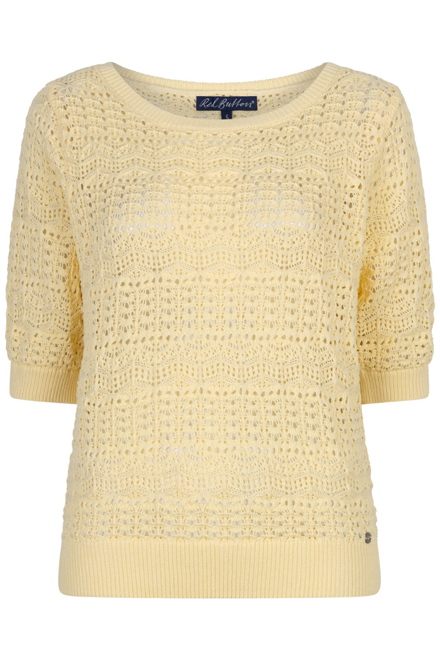 Front view of Red Button SRB4895 Sweet Ajour Butter Yellow knit with open stitch design, shop Red Button at Dotique