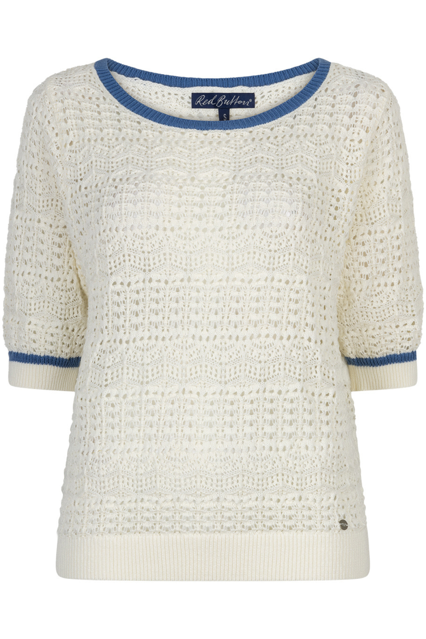 Front view of Red Button SRB4895 Sweet Ajour Offwhite/Blue knit with open stitch, shop Red Button at Dotique